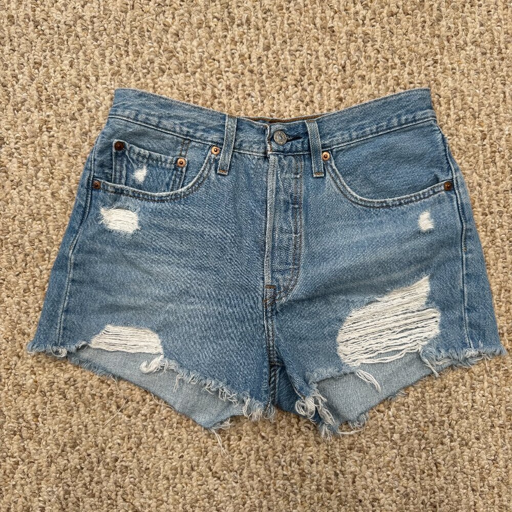 Levi 501 Orginal Red Line Jean Frayed Shorts W27 Button Fly Distressed‎ Med Rise